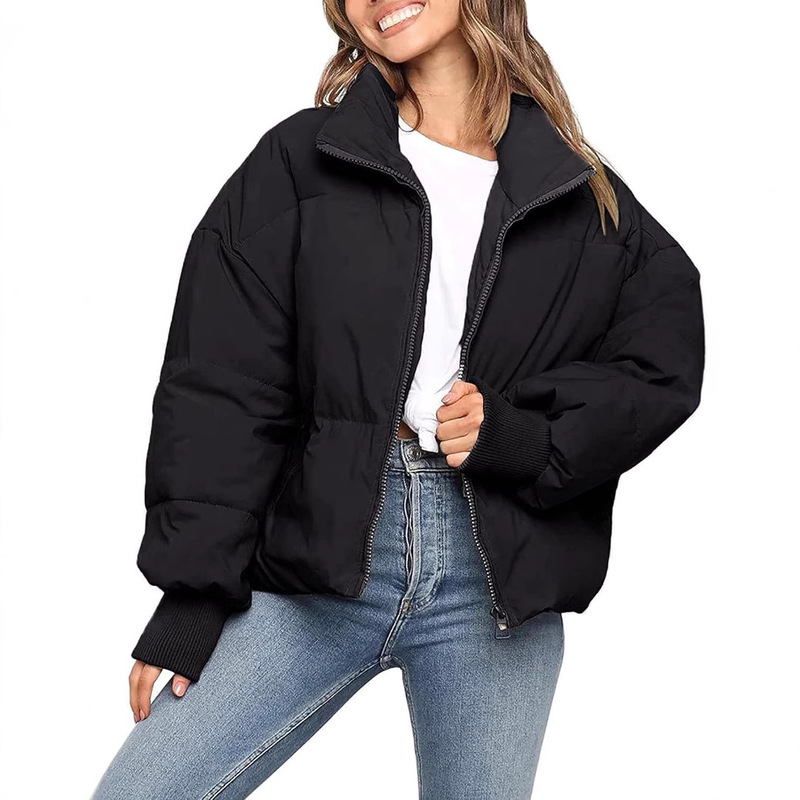 Cross-border Foreign Trade Women's Winter Short Cotton Jacket Full Zipper Short Quilted Thickened Warm Cotton Coat