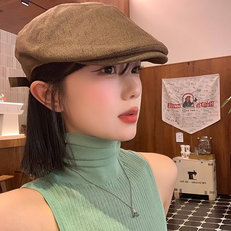 美式复古辣妹棉麻前进帽女秋冬薄款文艺百搭街头显脸小贝雷帽子潮|undefined