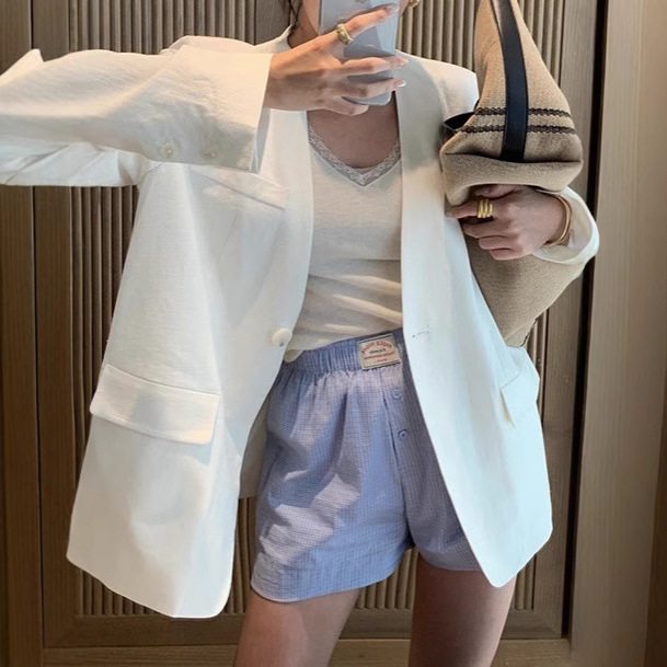 2025 New Long-Termesthetic V-Neck Collarless Casual Linen Suit Women's Thin Sun Protection Jacket