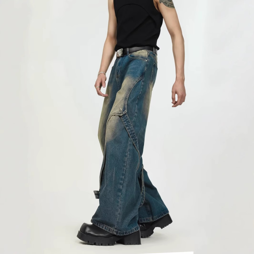 Spring New American High Street Patchwork Straight Long Pants Loose Vintage Washed Denim Jeans Men's Trendy Wide-Leg Pants