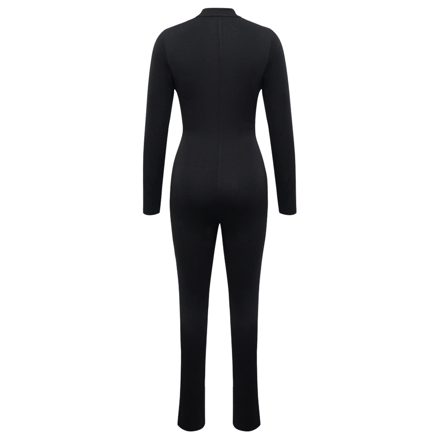 Sexy Deep V Long Sleeve Jumpsuit Solid Color Tight Fit_voghion.com