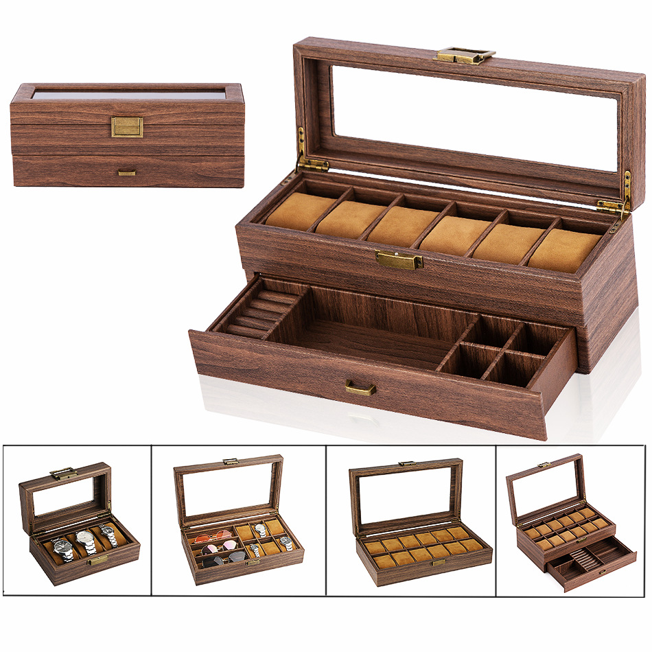 Amazon Venta caliente caja de regalo pu vintage madera grano cuero reloj caja de embalaje caja de colección caja de almacenamiento en stock al por mayor