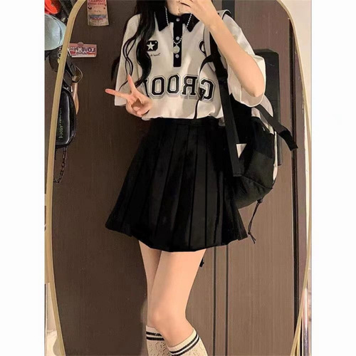 Vintage Summer American Collar Short-Sleeve Student Girl Splicing Top + Pleated Skirt Loose Youthful Set Fashion