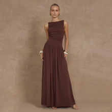 现货欧美跨境2025新款女装高端气质无袖缩褶修身长款纯色连衣裙女