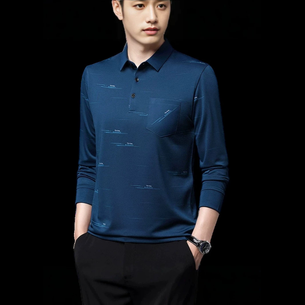 条纹男装2023新款衣服男士长袖t恤冰丝夏季超薄款爸爸装polo衫