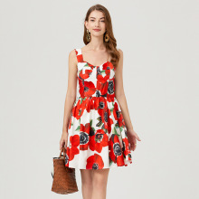 跨境外贸女装高腰印花立体抹胸吊带短款连衣裙后背弹力橡筋