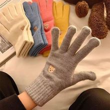可爱小熊露指可触屏针织毛线五指手套女冬保暖加厚款骑行防寒保暖