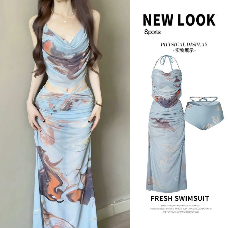Купальник-бикини для девочек, женский купальник из трех частей для отдыха на море, длинная юбка с маленькой грудью, пуш-ап на косточках, сексуальный купальник с горячими источниками
