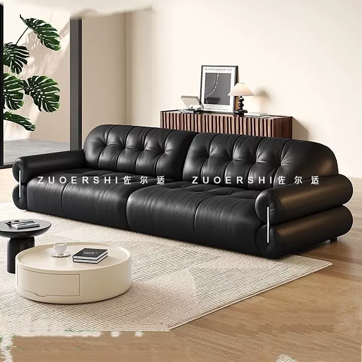 黑糖云朵沙发客厅法式中古风真皮沙发小户型意式黑色布朗尼沙发