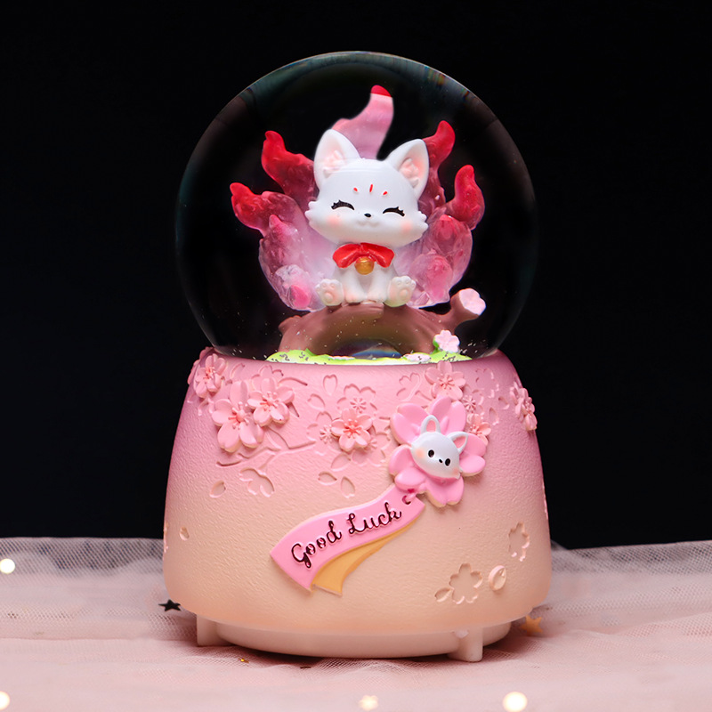 祥瑞九尾灵狐水晶球音乐盒发光旋转八音盒送公主女生生日礼物批发