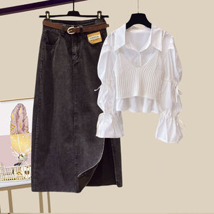 Autumn Elegant Light Luxury suit Women's 2023 New Slightly Chubby Slimming Shirt All-match Sling Skirt Three-piece Set