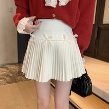 蝴蝶结毛呢半身裙女春季芭蕾裙裤百褶裙子小个子甜美高腰A字短裙