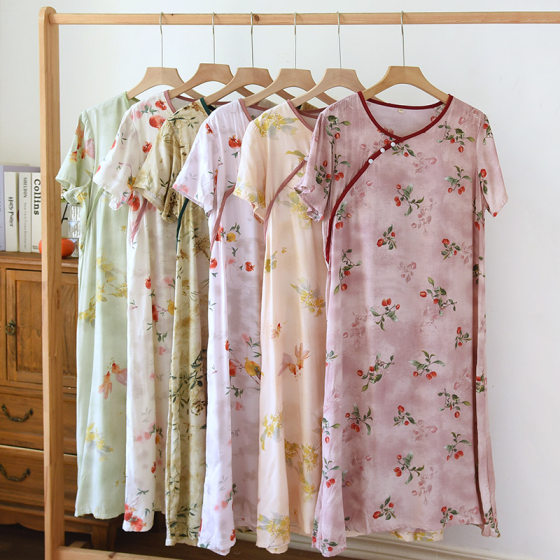 Short-sleeved Nightgown Cotton Ribbon Chest Pad Spring and Summer Thin Women's Chinese-style Antique Round Neck Loose Home Clothes dress