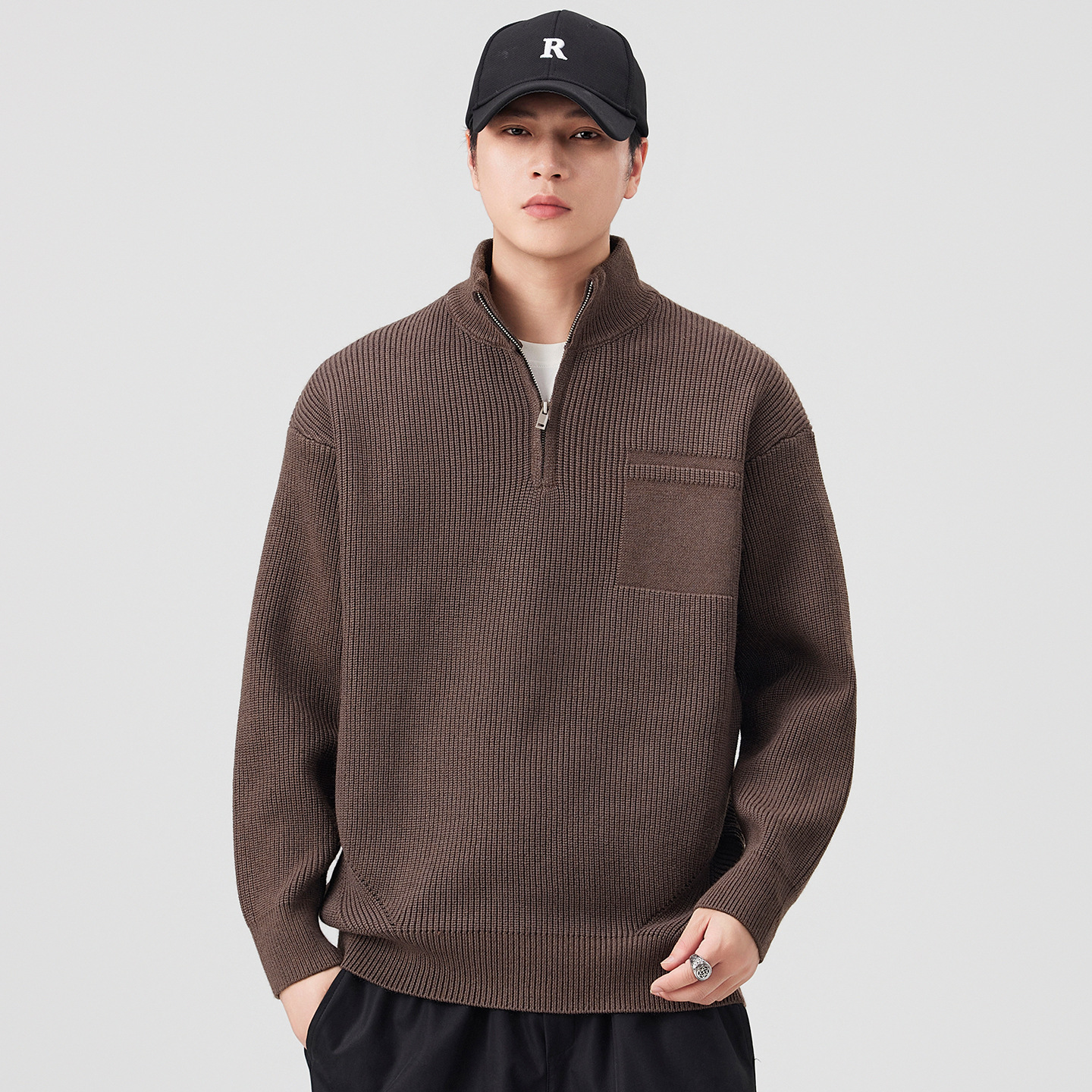 Camisas de punto de cuello vertical con medio cremallera para hombres retro americano suelta otoño y invierno 2025 nuevo suéter de moda pareja de moda