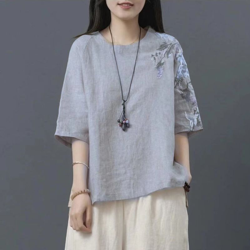 ゆったり大きいサイズの婦人服中年ママ夏リネン刺繍綿麻トップスレディース半袖シャツ9点パンツスーツ|undefined