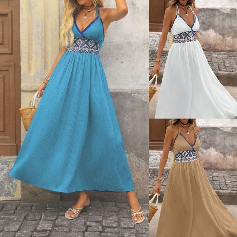 Women's Bohemian New Fashion Elegant Backless V-Neck Halter Geometric Jacquard Vacation Dress