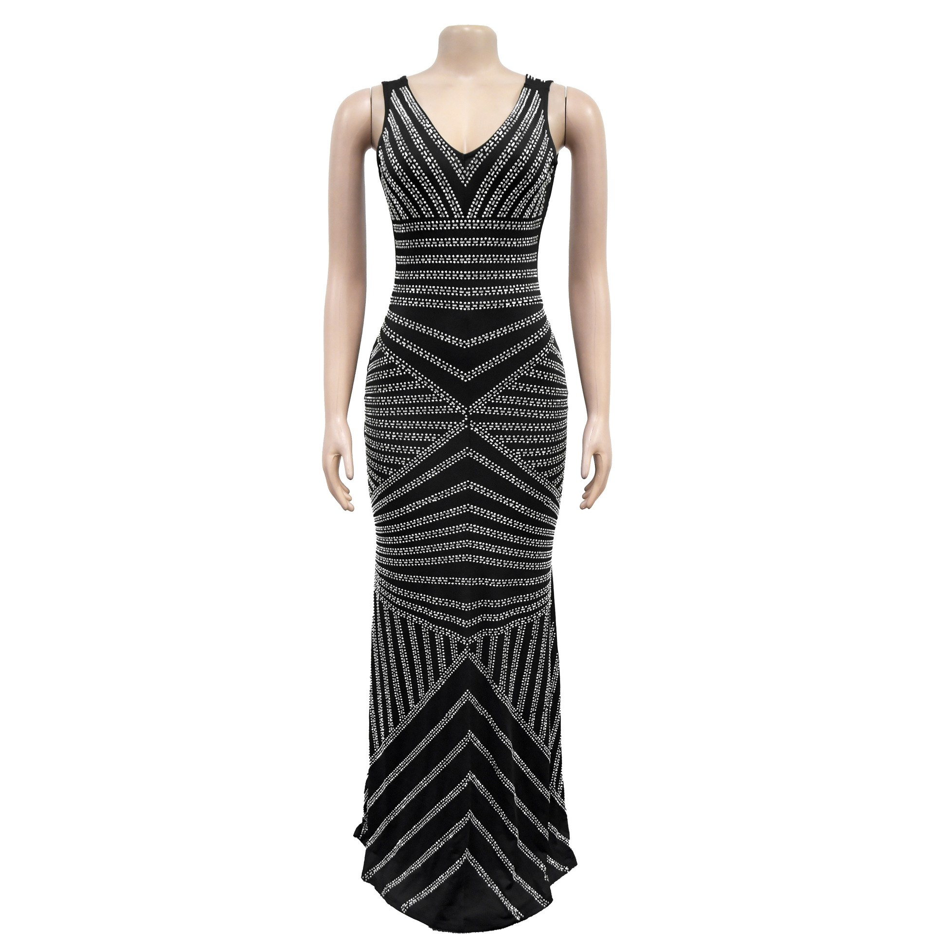 Women Wear Sleeveless Rhinestone Dress Maxi Dress