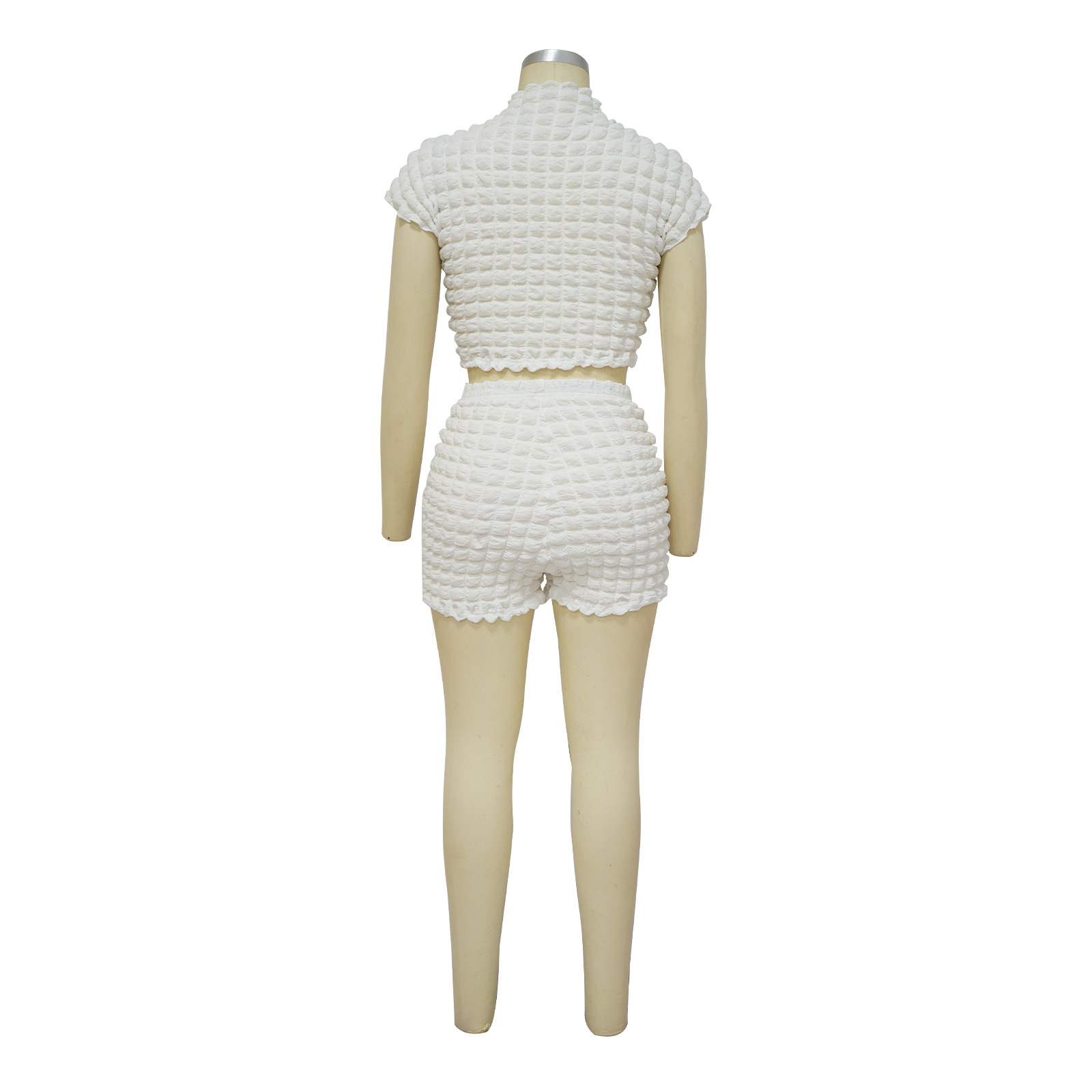 Women's Sleeveless Cropped Two Piece Set Bubble Popcorn Shorts_ecoleips.com