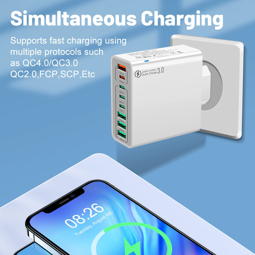 Зарядное устройство для мобильного телефона с 8 портами (4 USB + 4 Type-C), многопортовый быстрой зарядки QC3.0