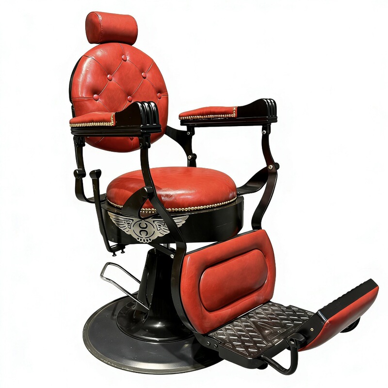 Oil-Head Chair for Hair Salon, Can Be Tilted Down, Large Chair for Men, Suitable for Hair Cutting, Perming, and Dyeing, Vintage Hairdressing Chair, Adjustable Height, Swivel Recliner