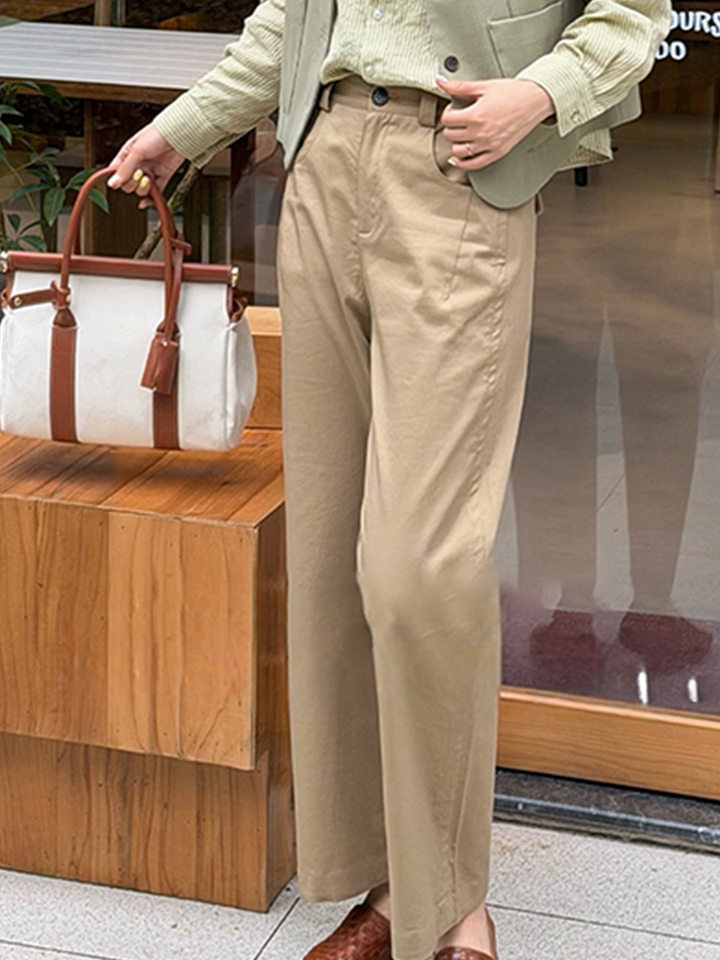 Quần dài ống rộng lưng bán co giãn màu kaki phong cách tối giản — Màu kaki