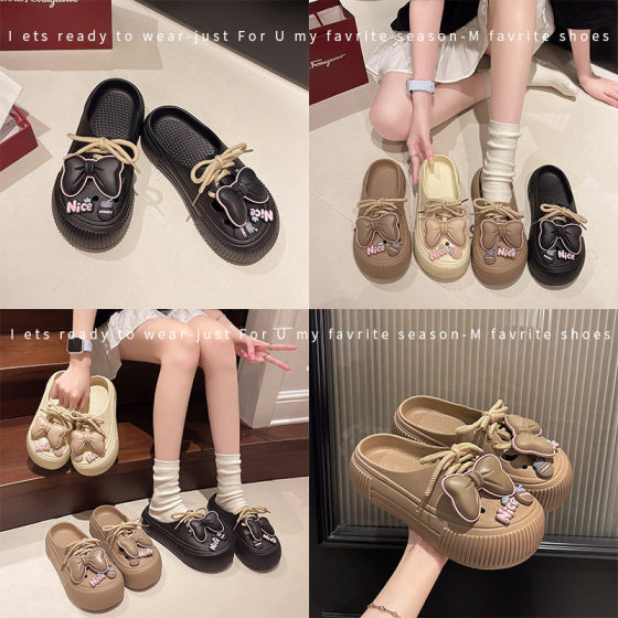 Head Carto Source Baotou Sandals and Slippers Women's 2025 New Summer Bow Songcake Bottom Shit Feeling Casual Outside