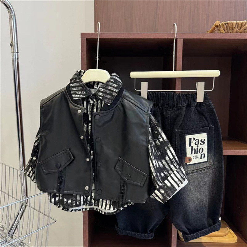 Boy's Biker-Style Cool Outfit, Spring and Autumn 2026 New Model, Leather Jacket, Vest, Shirt, Fashionable Two-Piece Set for Young Children
