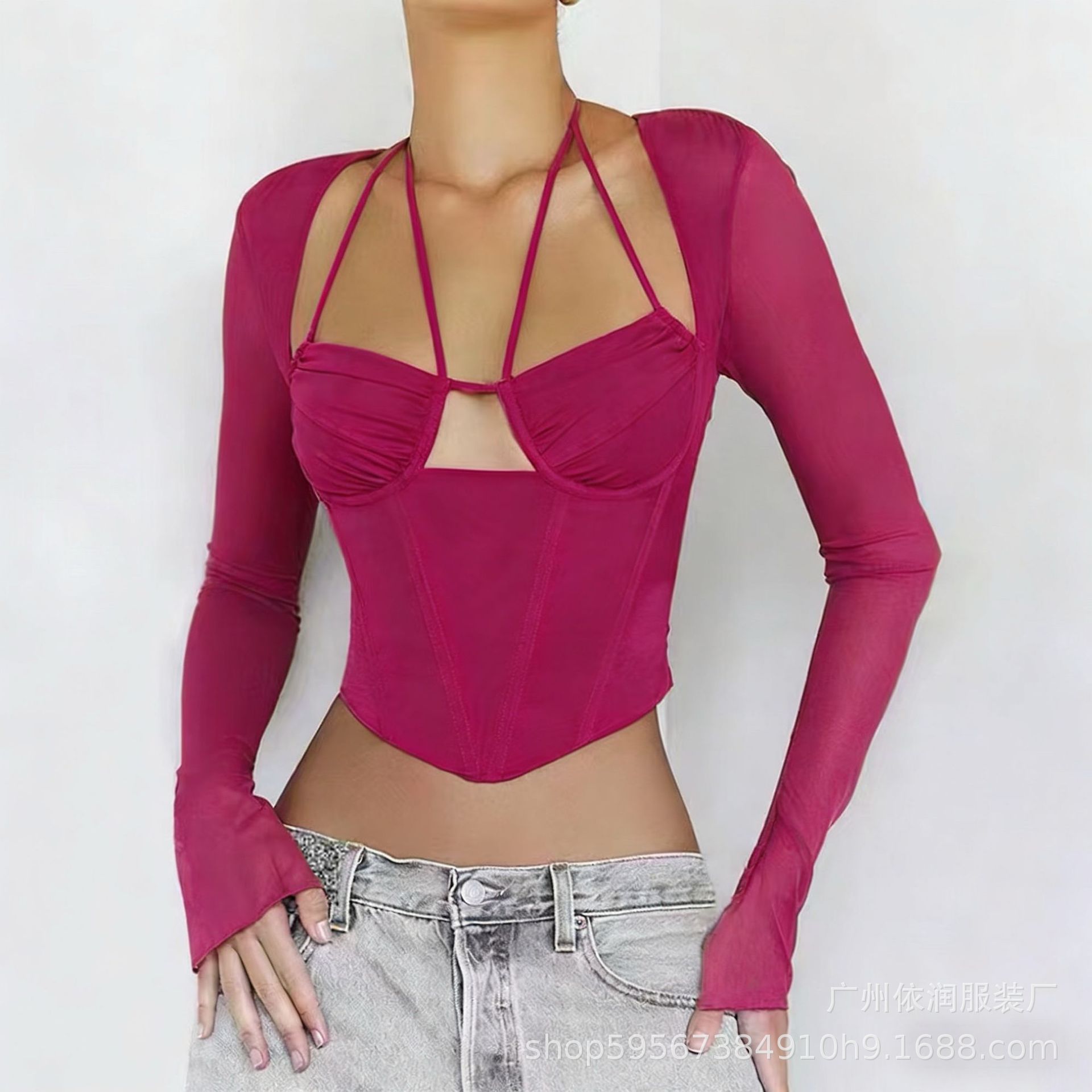 Comercio exterior Europa y Estados Unidos primavera y otoño nuevo chaqueta cuello cuello colgando anillo de acero de hueso de tiburón perspectiva sexy mostrando el pecho malla camisa de manga larga image 9