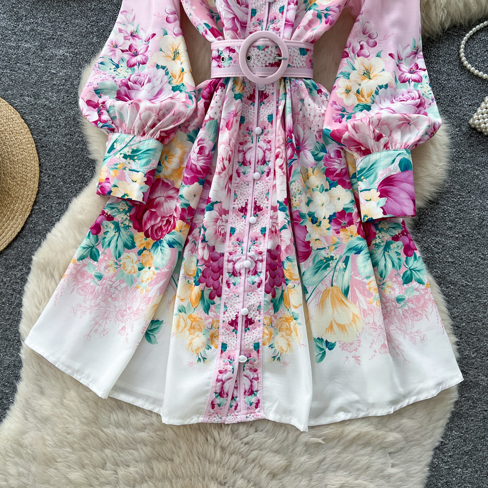 Elegant Stand Collar Lantern Sleeve Printed Dress for Women Autumn Youthful And Flattering a Line Skirt with a Belt_ecoleips.com