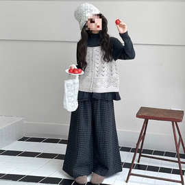 搭2025新款阔腿裤好看巨韩系穿秋季秋装马甲女童三件套女大童套装