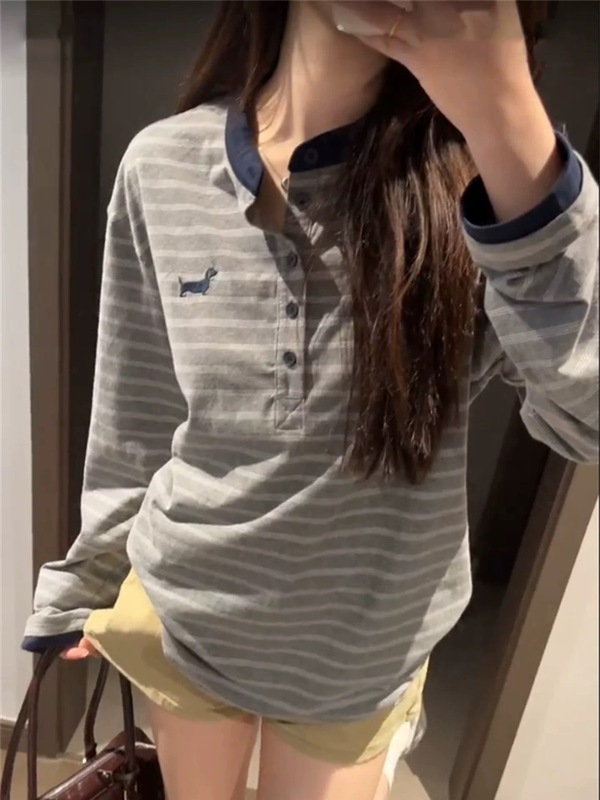 韩系复古学院风条纹撞色新款纽扣长袖t恤衫女秋2025新款百搭上衣|undefined