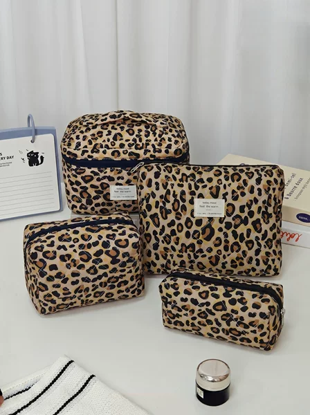 Cross-Border Polyester-Cotton Leopard Print Vertical Makeup Bag, Large-Capacity Travel Portable Toiletry Bag, Portable Makeup Storage Bag for Outings