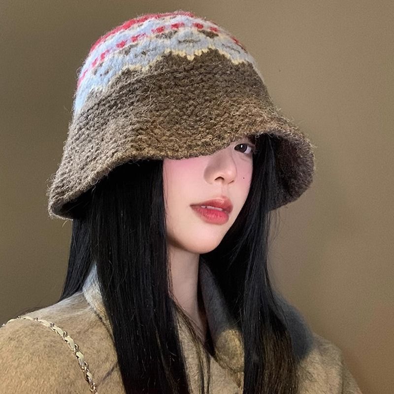 复古提花针织渔夫帽子女秋冬韩系大头围盆帽保暖护耳显脸小毛线帽|undefined
