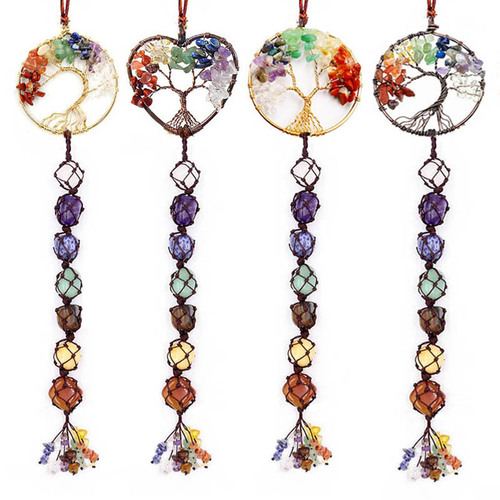 7 color stones, seven color crystal raw stones, hand-woven pendants, natural stone tree of life car hangings, dream catcher pendants