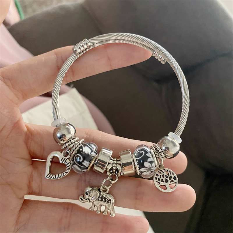 Black glass beads love God and elephant bracelet