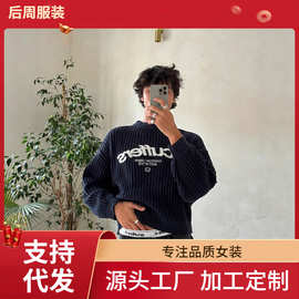 欧美街头秋季新款圆领套头毛衣跨境小众潮牌字母提花长袖针织衫