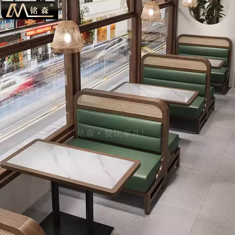 定制主题餐厅实木编藤卡座沙发西餐厅茶楼东南亚餐厅商用桌椅组合