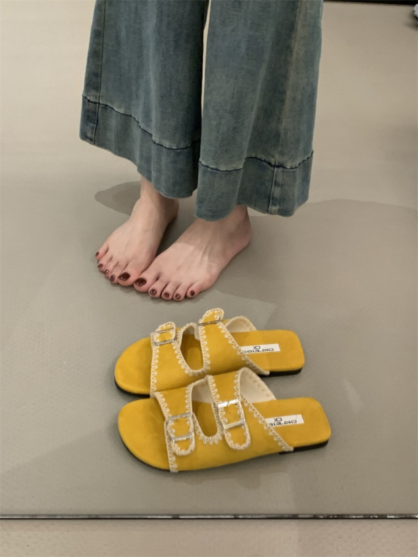フラットファッションサンダル婦人靴 2025 夏フレンチレトロベルトバックルレース優しい妖精ワンラインサンダル|undefined