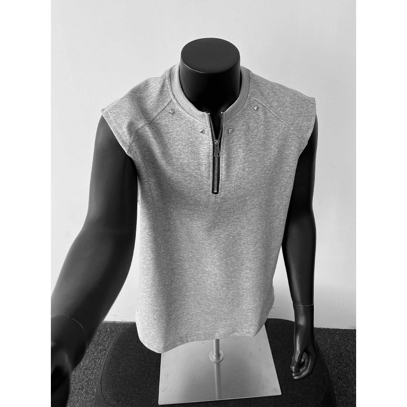 Rivet Decorated Half-Zip Short-Sleeved Men's Summer Design Small Neckline Pure Cotton T-Shirt Sports Fitness Sleeveless Vest