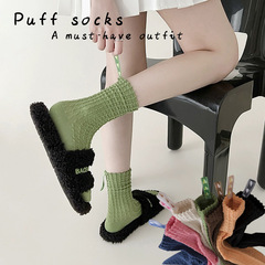 小紅書同款粗線中筒襪子華夫格棋盤格泡泡紋後跟愛心標籤飄帶