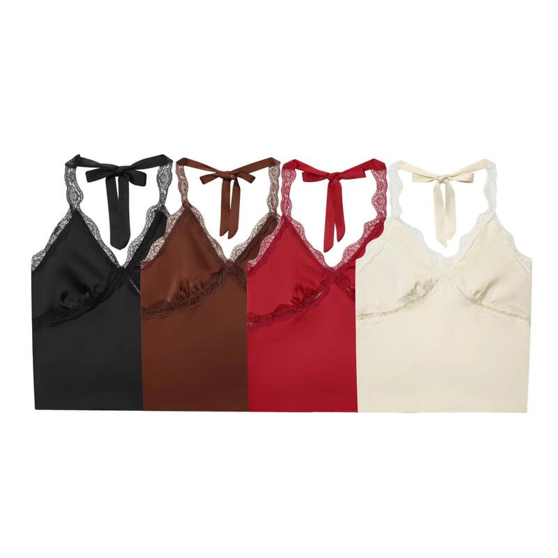 Purely Sexy and Alluring Lace Halter Neck Camisole for Outerwear, French Retro Style, Slimming Women's Tie-Up Tank Top