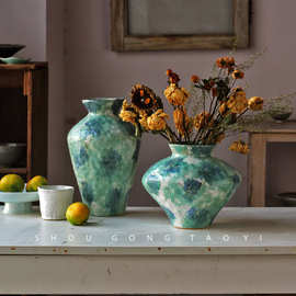景德镇新中式陶瓷花瓶侘寂风高级感客厅玄关插花器复古风青棠花瓶