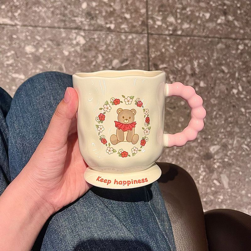 可爱卡通小熊马克杯带盖勺杯子高颜值家用陶瓷水杯生日礼物送女生|undefined