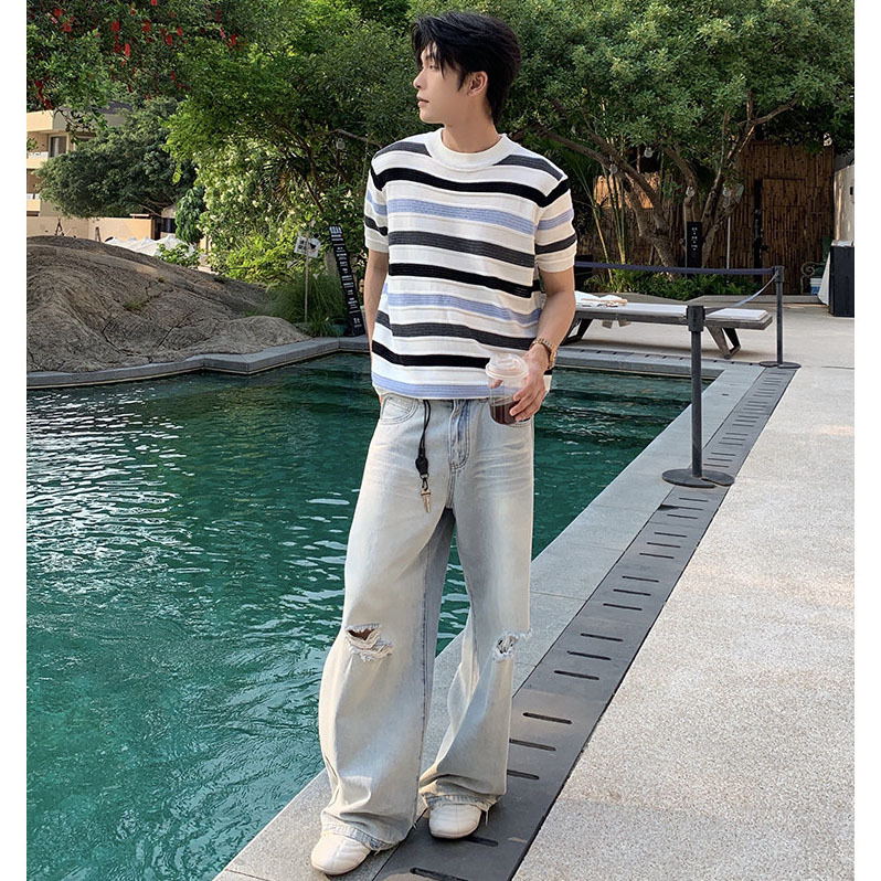 Camiseta de punto de manga corta camiseta de hueso de pescado hombre textural hueco viejo viento de negocios hielo verano fábrica transfronteriza al por mayor