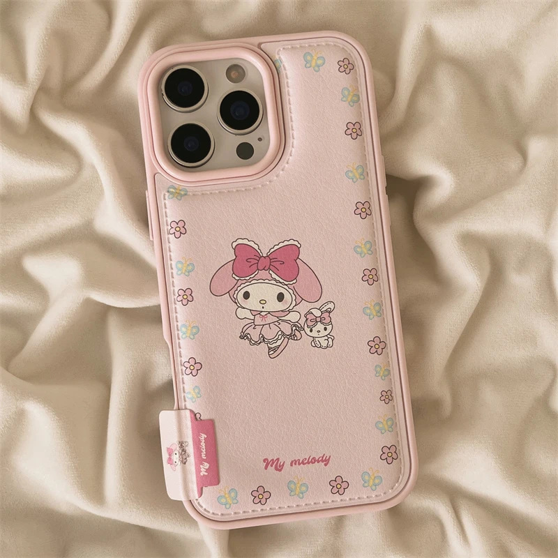 Girl Flower Frame Melody Label Suitable for Apple 16/17 Mobile Phone Case Ip15 Drum Bag Leather Pattern 14 Cartoon 13/12
