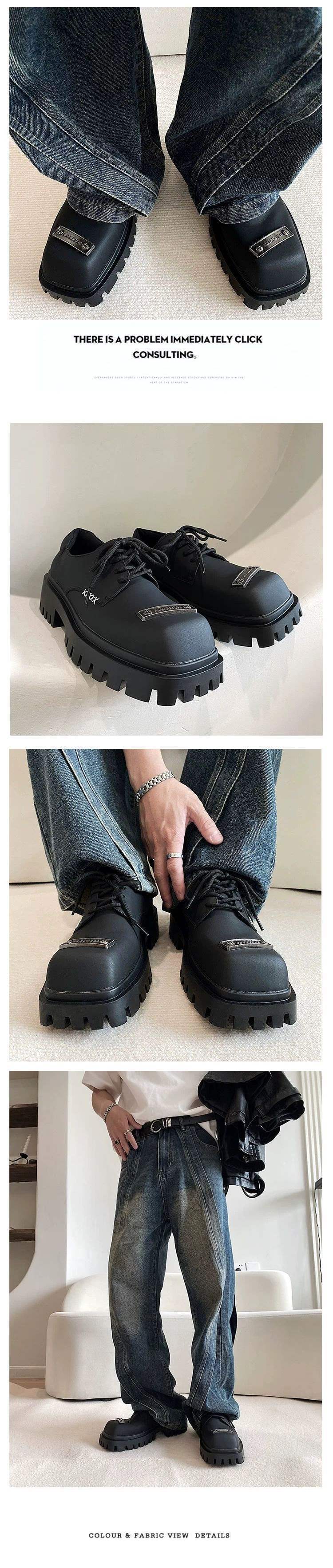 ShoeVault Herbst Herren Square Toe Nischen Martin Stiefel Dicke Sohle Höhe Erhöhen Casual Leder Matte Pendler Derby Friseur_voghion.com