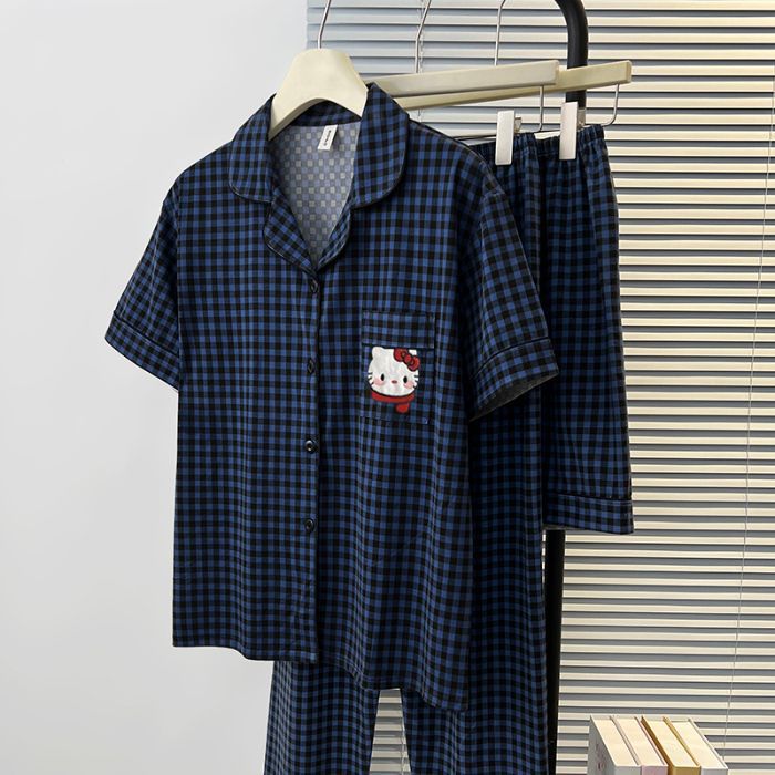Comercio exterior volumen de ejecución nube de algodón pijamas de tres piezas verano mujeres manga corta pantalones cortos cardigan solapa dibujos animados traje de servicio a domicilio