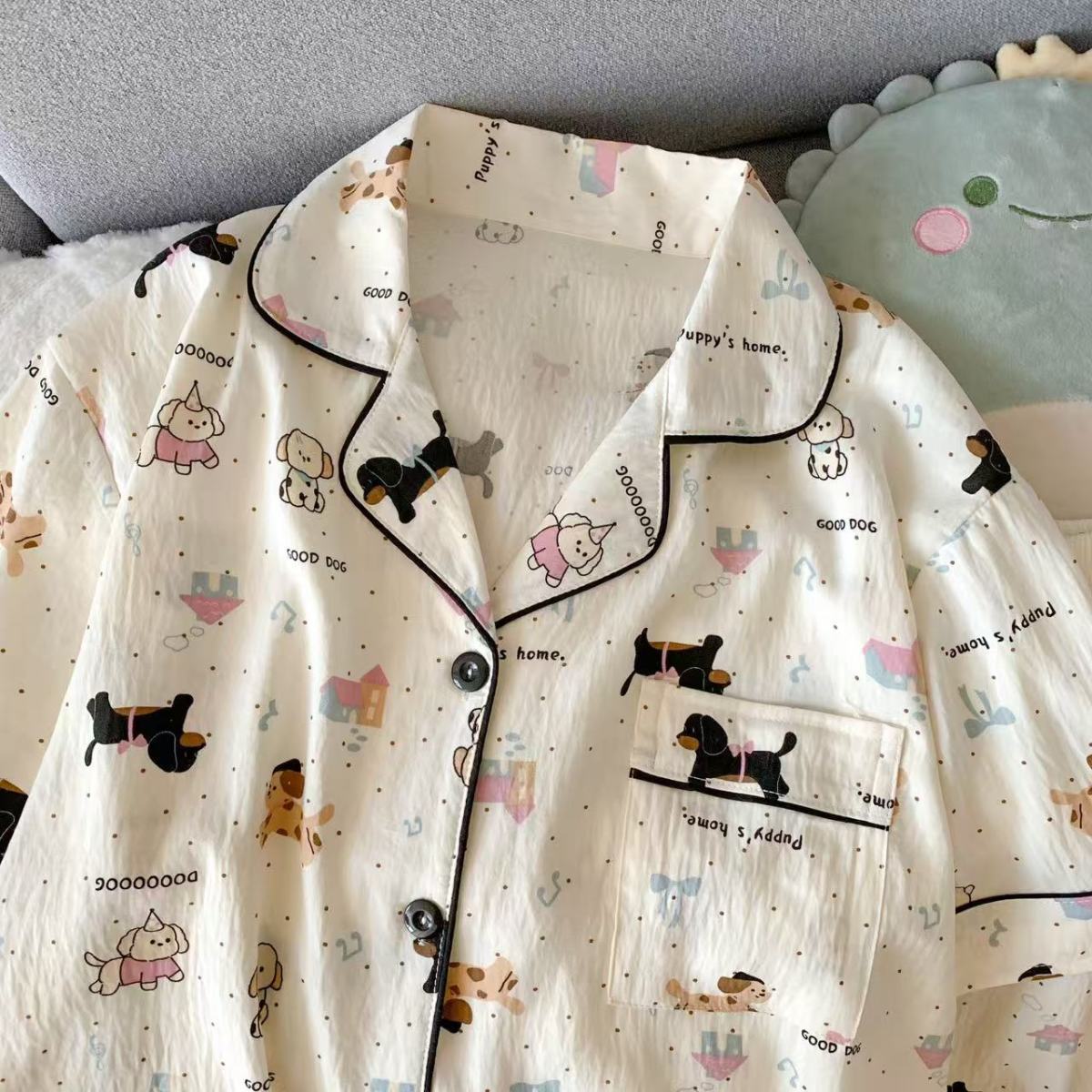 Impresión de dibujos animados nubes de algodón pijama de mujer verano nuevo suelto delgado tamaño grande dos piezas de mangas cortas pantalones cortos ropa para el hogar