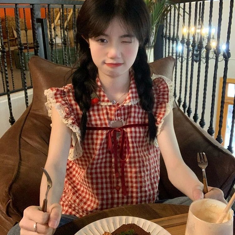 Red Plaid Short-Sleeved Shirt for Women, Sweet and Cute, 2026 Spring and Summer New Style, Small Doll Collar French-Style Top Red Plaid Short-Sleeved Shirt for Women, Sweet and Cute, 2026 Spring and Summer New Style, Small Doll Collar French-Style Top