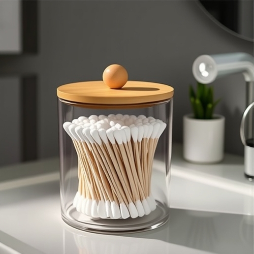 New Product Transparent Diamond Pattern Cotton Swabs with Bamboo Cap PS Portable Round and Long Combination Makeup Cotton Pads Storage Box